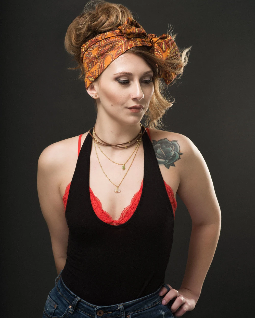 Fashion portrait with a patterned headwrap